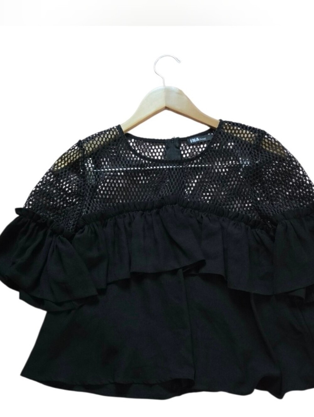 Ina Black Mesh Ruffle Top